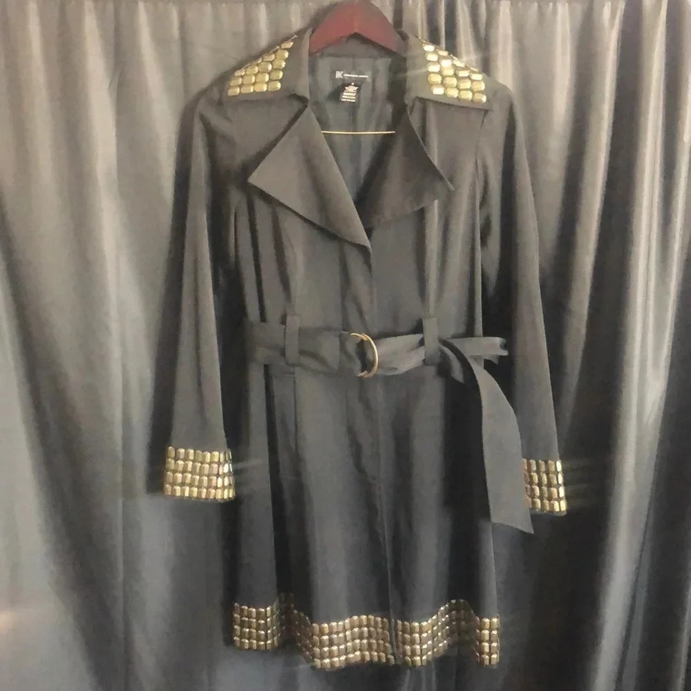 INC International Concepts Black Studded Trench Coat Gold Embellished Belted S
